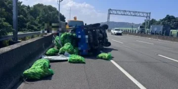 國道3號貨車爆胎翻覆！　袋裝玉米掉滿路面