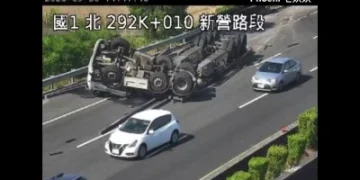 國1新營段拖板車翻覆！占中、外線　大型車四輪朝天